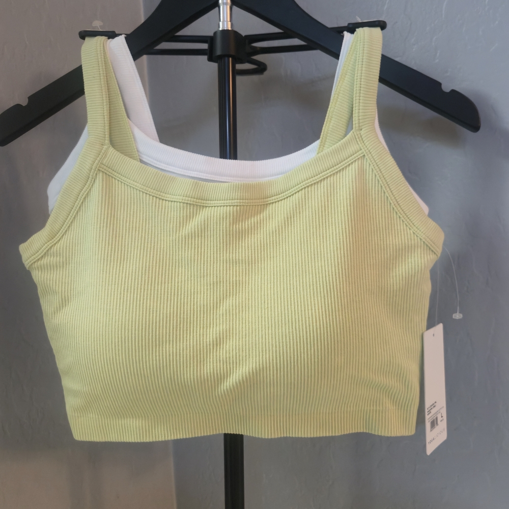 Yogalicious Seamless Ribbed Tank Set Lime & White Size L NWT